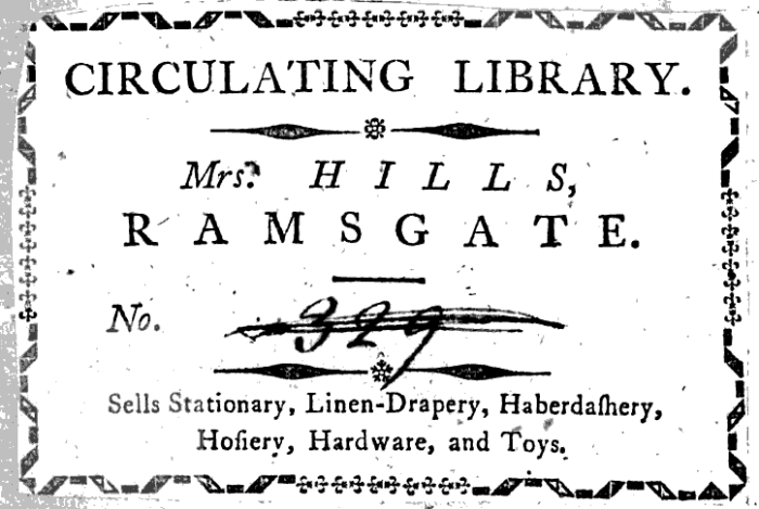 Cancelled bookplate from Mrs. Hill's Circulating Library.